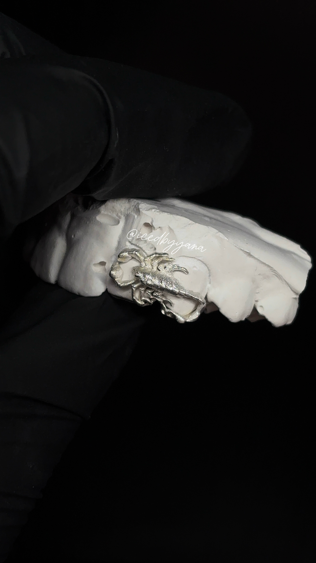 Silver scorpion charm grill on a dental model